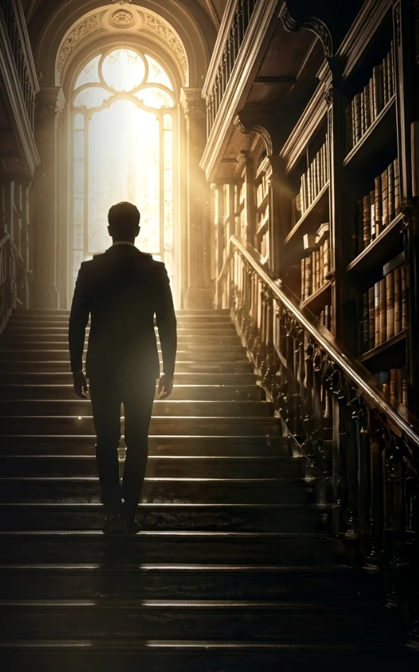 Jovem subindo a escadaria de uma biblioteca em direção à luz